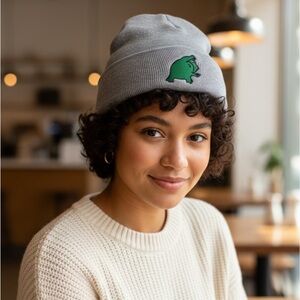 Gray Beanie with Green Frog Patch